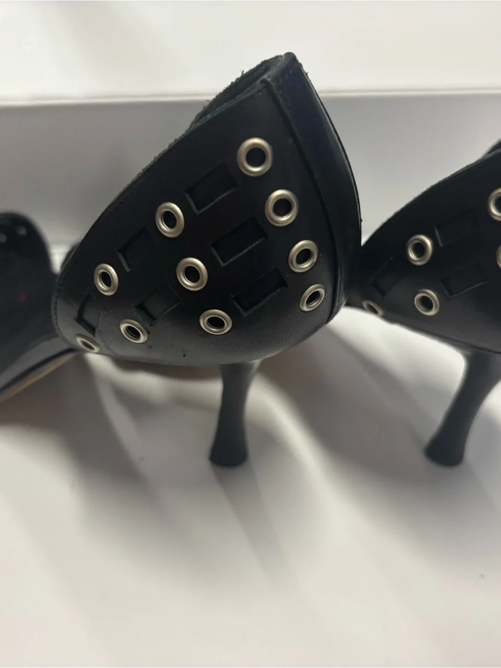 Manolo Blahnik Black Leather Open-Toe Grommet Heels